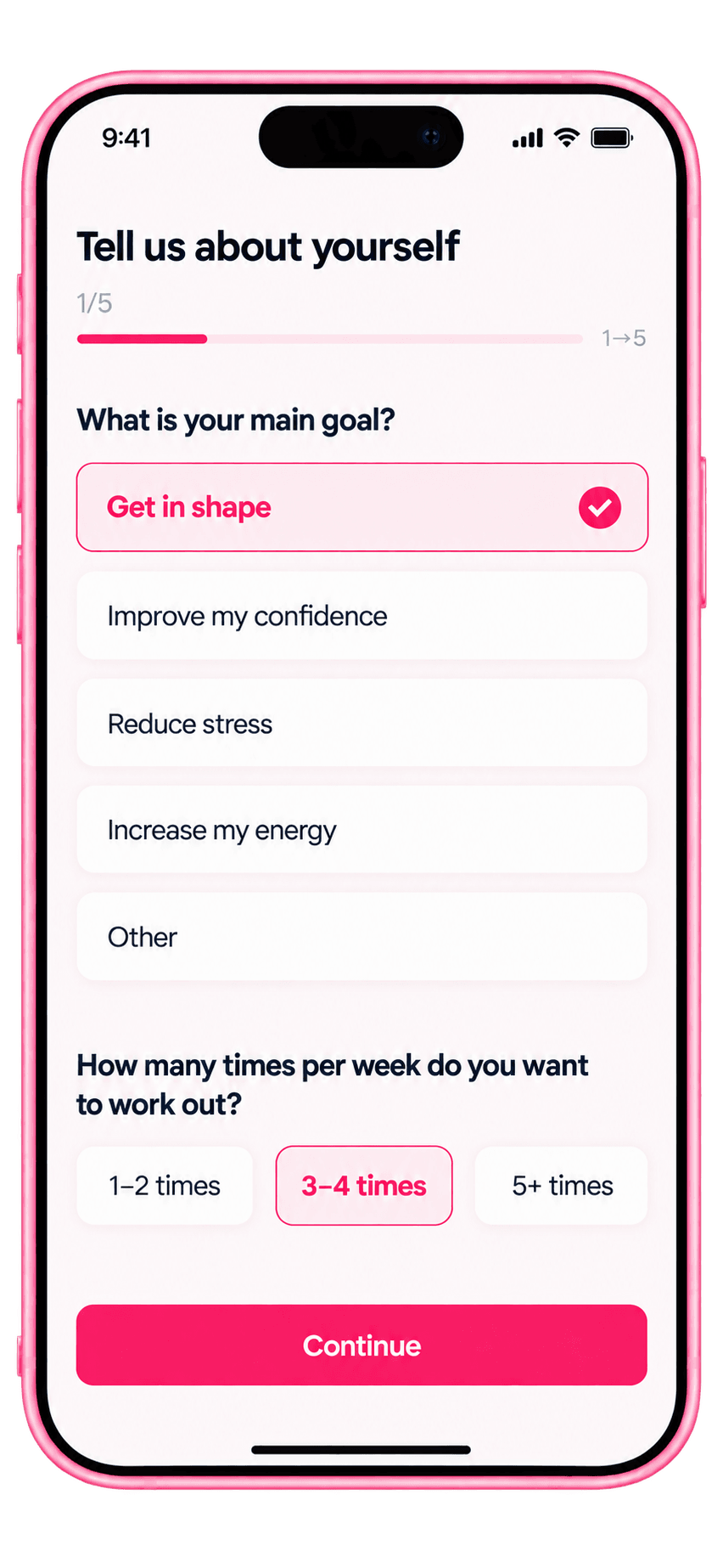 Kjut app - onboarding tikslų pasirinkimas