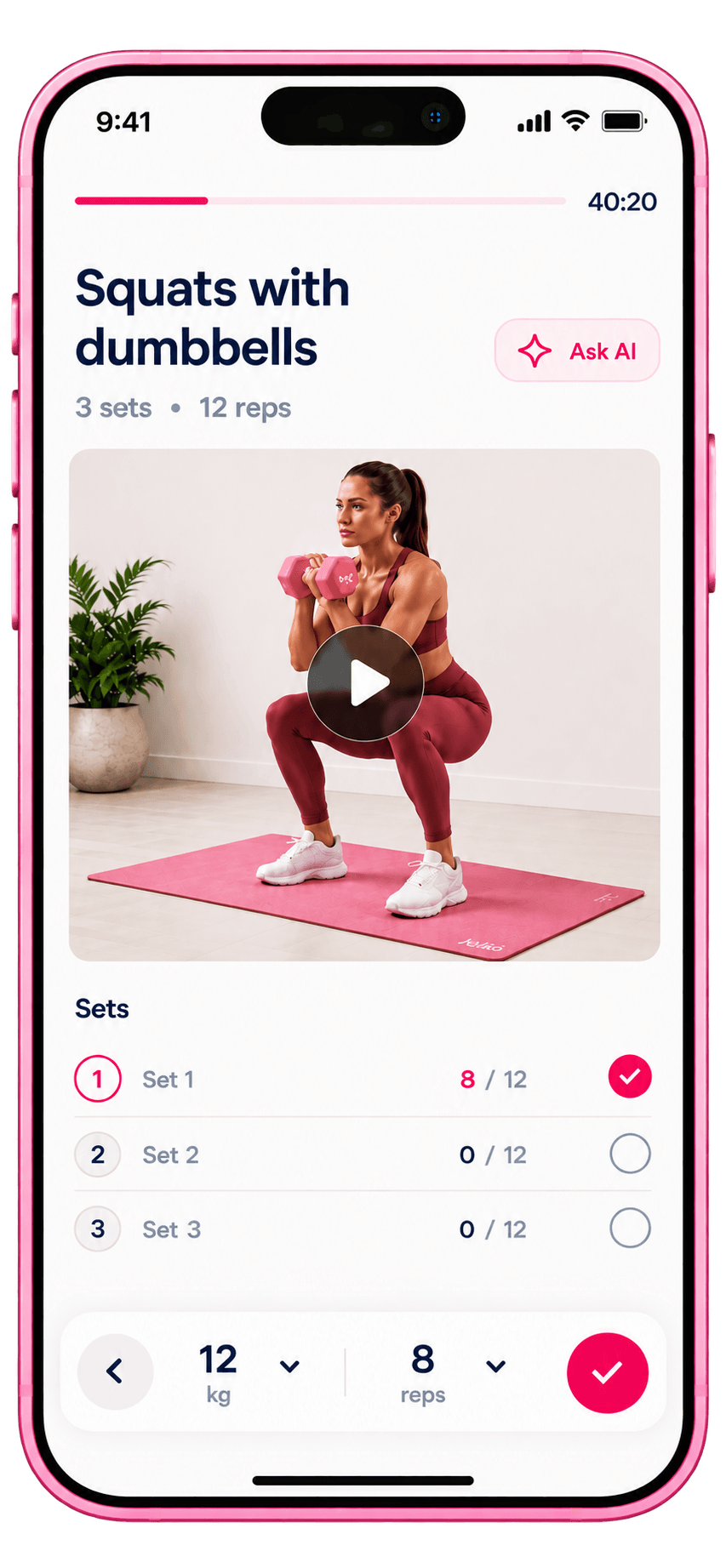 Kjut app - treniruotės ekranas su serijomis ir vaizdo instrukcijomis